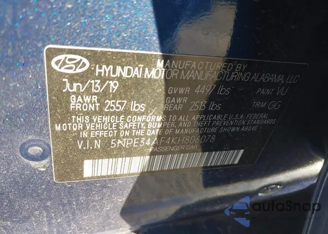 2019 Hyundai Sonata Sel из США, поврежденный, VIN 5NPE34AF4KH806078